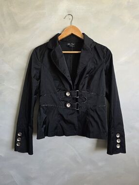 Black Silver Military Steampunk Cyber Grunge Jacket Blazer Sz L